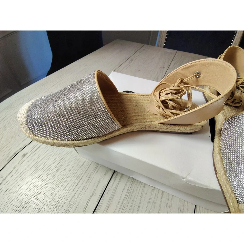 Schutz Zelinah Rhinestone Espadrille Lace Up Flats Silver Beige Womens‎ 9B